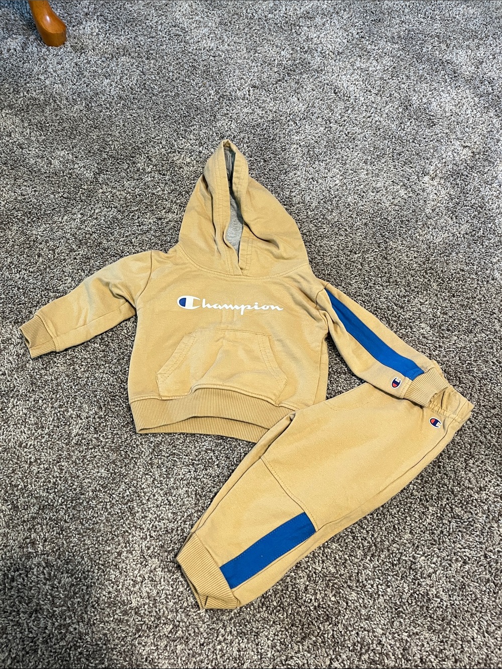 Champion Tan Hoodie & Joggers with Blue Stripe